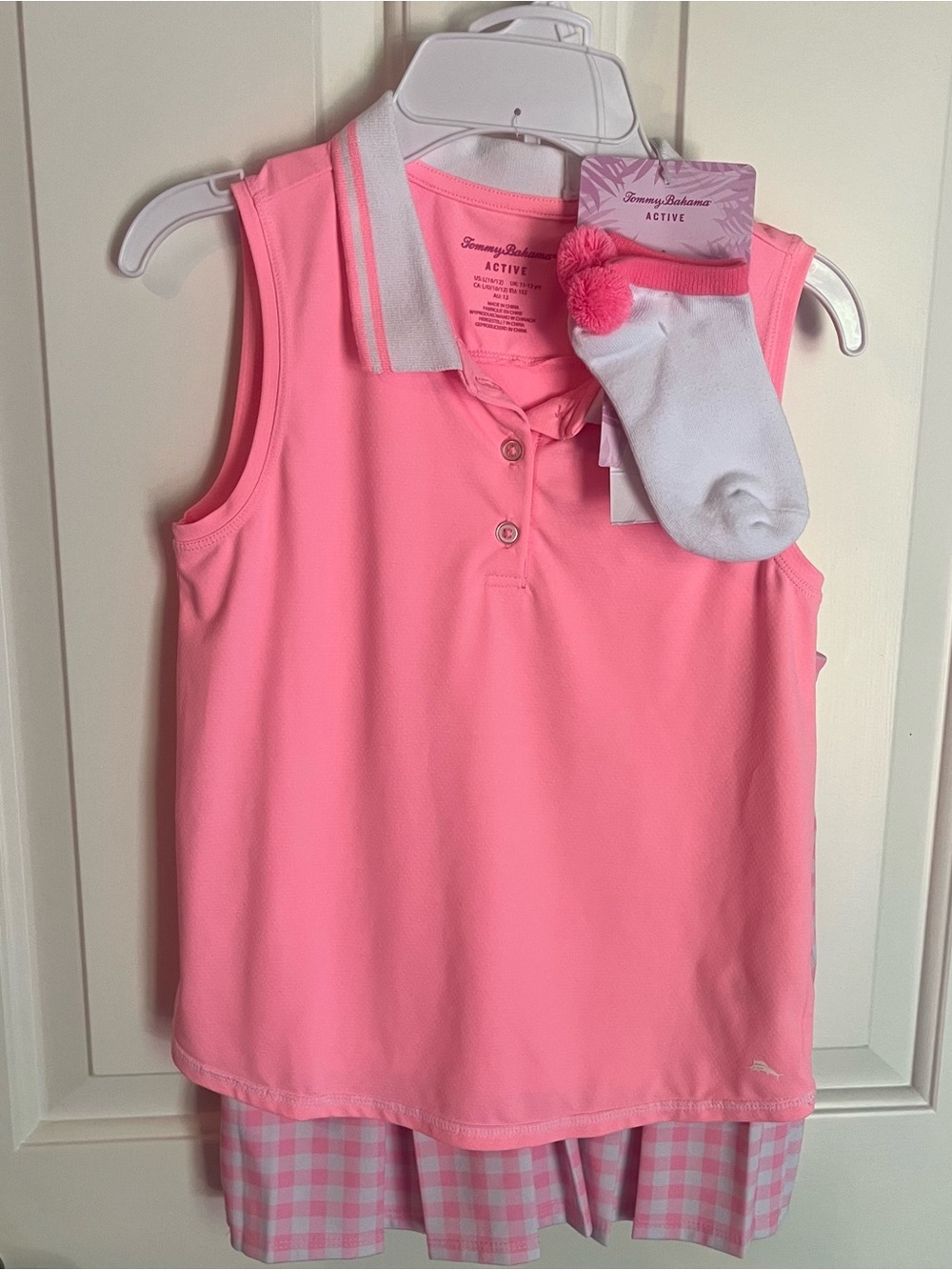 NEW Girls Tommy Bahama Active Pink Sleeveless Polo Shirt with Gingham Skort